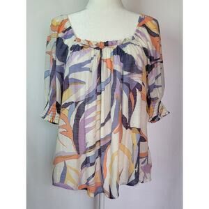 Zac & Rachel Navy Purple Peach Watercolor Ruched Neck Short Sleeve Top Size L